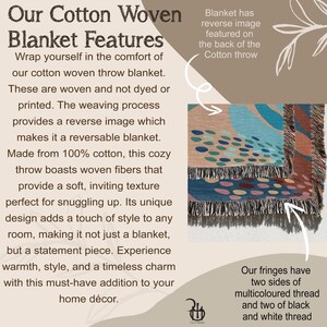 May include: A woven cotton throw blanket with a colorful abstract pattern featuring circles and dots. The blanket has a reverse image on the back and is made from 100% cotton. The text "Our Cotton Woven Blanket Features" is on the left side of the image. The text "Blanket has reverse image featured on the back of the Cotton throw" is on the right side of the image. The text "Our fringes have two sides of multicoloured thread and two of black and white thread" is at the bottom right of the image.