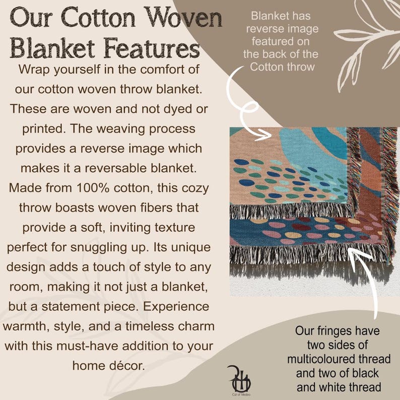 May include: A woven cotton throw blanket with a colorful abstract pattern featuring circles and dots. The blanket has a reverse image on the back and is made from 100% cotton. The text "Our Cotton Woven Blanket Features" is on the left side of the image. The text "Blanket has reverse image featured on the back of the Cotton throw" is on the right side of the image. The text "Our fringes have two sides of multicoloured thread and two of black and white thread" is at the bottom right of the image.