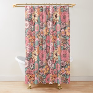 Retro Pink Flowers Shower Curtain