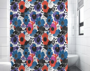 Mid century modern Shower Curtain | Red and blue floral shower curtain