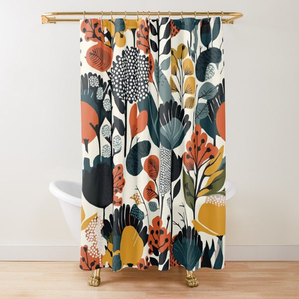 Contemporary Nature pattern Shower curtain | Mid century modern  bathroom | Retro decor