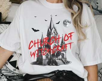 Church of Witchcraft Comfort Colors® Shirt, Witchcraft T-Shirt, Gift for Witch, Halloween Lover Gift, Gothic Aesthetic, Bat and Moon Shirt