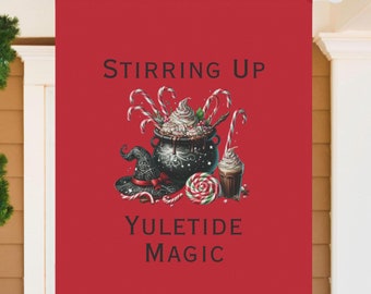Stirring Up Yuletide Magic Garden Flag House Banner, Yule Decor, Pagan Holiday Outdoor Decor, Wiccan Home Decor, Witchy Christmas, Yule Gift