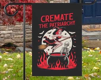 Cremate the Patriarchy Halloween Garden Flag, Witch Cauldron Skeleton Banner, Feminist Witch Yard House Shop Decor, Retro Witch House Flag