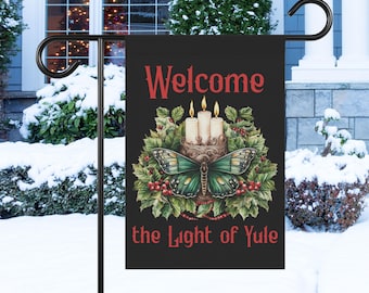 Welcome the Light of Yule Flag, Witchy Winter Solstice Garden Flag, Moth Holiday Decor, Pagan Christmas House Flag, Yule Altar Decoration