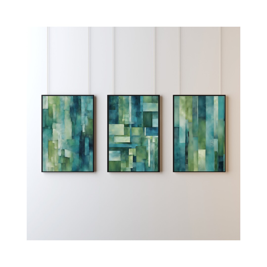 Set of 3 Abstract Wall Art Blue and Green, Digital Download, Wall Art ...