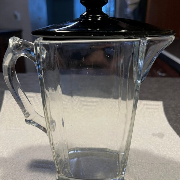 Vintage Glass Pitcher With Black Glass Lid, 6 inches tall