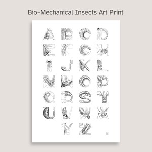 Alfabeto de insectos biomecánicos - Impresión giclée - Obra de arte original - Lápiz de grafito, digitalizada - Arte tipográfico.