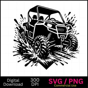 May include: Black and white illustration of a side-by-side off-road vehicle driving through a muddy puddle. The vehicle has a roll cage and is splashing mud as it drives.