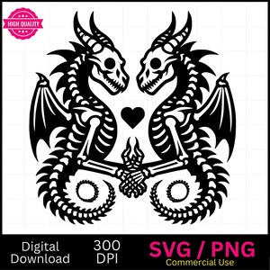 Dragon Skeleton Graphic | Spooky Love Dragon Skeletons Holding Hands | Svg, Png, Dxf Cut File, Jpg | | High Quality Instant Download