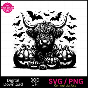 May include: Black and white illustration of a Highland cow with a fluffy mane and horns, surrounded by bats and jack-o'-lantern pumpkins. The image is perfect for Halloween crafts and decorations.
