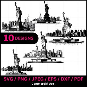 Estátua da Liberdade, Nova York, Monumento à Ilha da Tocha da Liberdade, Arquivo Laser SVG, PNG, JPG, Corte Vetorial, Porta-copos, Preto, Branco, Madeira CNC, PDF, DXF, EPS