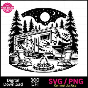 Casa rodante y campamento, Camper SVG PNG, gráfico vectorial, grabador láser, CNC, Clip art, listo para láser, tablas de cortar, regalos personalizados