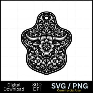 May include: Black and white digital download of a decorative bull head design. The design features a bull's head with horns, floral elements, and intricate scrollwork. The text "SVG / PNG Commercial Use" is at the bottom.