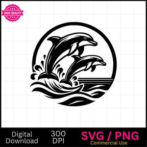 Dauphins sautant SVG PNG, plage, image vectorielle océan svg, graveur laser, cnc, clipart, prêt pour le laser, planches à découper, cadeaux personnalisés,