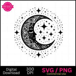 Boho Moon and Stars SVG PNG: Celestial Floral Design (Digital Download)