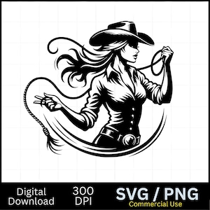 Cow-girl lasso SVG | Lasso SVG | Graphismes vectoriels Clipart T-shirt Western Decals | Fichier de coupe Cricut imprimable numérique SVG