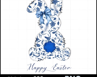 Blue Floral Easter Bunny PNG | Chinoiserie Easter Clipart | Watercolor Bunny Sublimation Design | Digital Download
