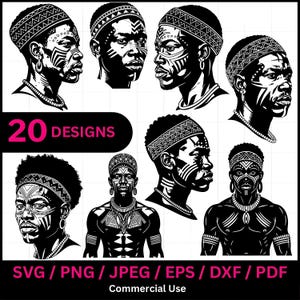 Indigener Afrikaner Mann Ureinwohner Stammesschwarz männlich Afro Ethnische Laser-Datei SVG PNG JPG Brennen Cnc Holz pdf, dxf, eps