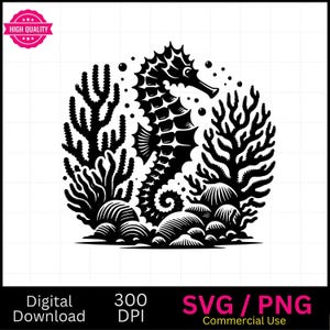 Seahorse and Reef SVG PNG, Ocean svg vectorafbeelding, lasergraveur, cnc, illustraties, laser klaar, snijplanken, gepersonaliseerd cadeau