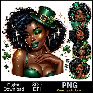Clipart fille noire de la Saint-Patrick, PNG afro-américain aquarelle mignon, trèfle porte-bonheur, lutin chercheur d'or, travaux manuels de la Saint-Patrick