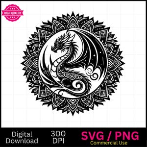 Mandala Dragão Gráfico | Presente para Leitores de Livros, Presente para Leitores de Fantasia | Mandala Mística Celestial Dragão Lua Crescente Svg, Png