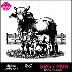 Brahmane vache et veau paire SVG, clipart animaux, animal mignon, ferme, image vectorielle, graveur laser, 4 h, téléchargement numérique, vache svg, png de la ferme