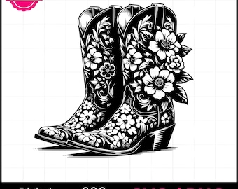 Laser Engraving Floral Cowboy Boots SVG | Western Rustic Boot Design | Glowforge Wood Sign File | Cricut Compatible Clipart