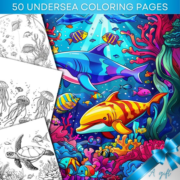 50 Undersea Coloring Book | Digital Download | Coloring Page | Printable Art | Grayscale Illustration | Instant Download, JPEG, PDF