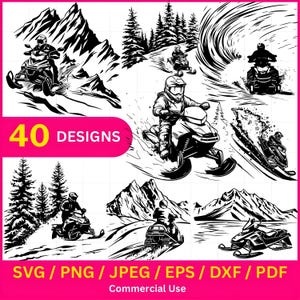 Paquete de motos de nieve SVG y PNG, frases sobre motos de nieve, deportes de invierno, vida en trineo, bandera del hombre de la moto de nieve, motocross para Cricut (PDF, JPEG, DXF y EPS)