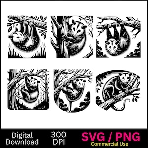 Opossum Hänge SVG Bundle, 6 Dateien, Opossum Kopf SVG, Opossum Clipart, Opossum im Wald, Vektorgrafik, Laser Engraver, cnc, Clip Art