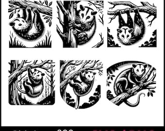 May include: Six black and white illustrations of opossums in various poses on tree branches. The opossums are drawn in a stylised, woodcut style.