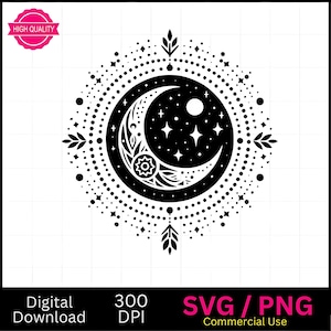 Boho Moon and Stars SVG PNG: Celestial Floral Design (Digital Download)