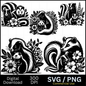 Gambá e gambá com flores, cabeça de guaxinim Svg, Clipart, Svg, gráfico vetorial, gravador a laser, cnc, Clip art