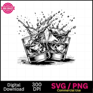 Whiskey Glasses SVG PNG: Cheers Graphic, Laser Cut File (Digital Download)
