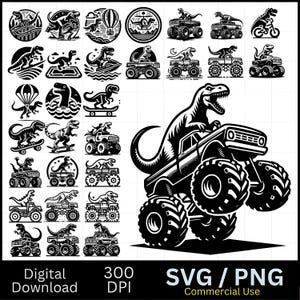 30 Svg PNG T Rex montando un camión monstruo, imagen vectorial de silueta de Tyrannosaurus Rex, archivo de sublimación de camiseta SVG de dinosaurio, archivo de corte