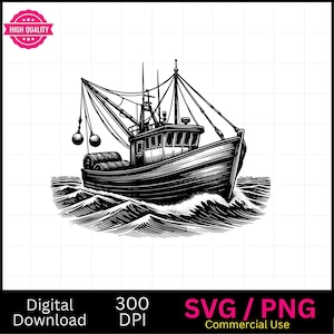 Fishing Boat SVG PNG: Ocean Vector Graphic, Laser Cut File (Digital Download)