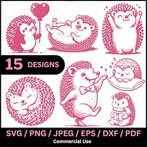 Cute Hedgehog Bundle, 15Hedgehog Designs, Kawaii Animal Clipart, Hedgehog Files for Cricut and Silhouette, pdf, jpeg, dxf, eps
