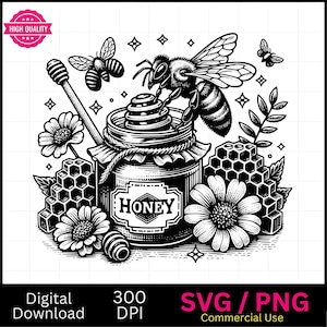 Puede incluir: Ilustración en blanco y negro de un tarro de miel con una abeja, panal y flores. El tarro tiene una etiqueta que dice "Honey".