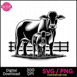 Brahmane vache et veau paire SVG, clipart animaux, animal mignon, ferme, image vectorielle, graveur laser, 4 h, téléchargement numérique, vache svg, png de la ferme