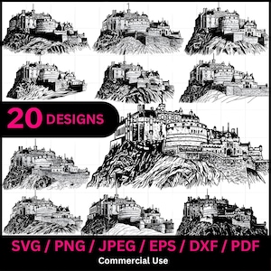 May include: A collection of 20 black and white castle designs, each set on a rocky hill. The text "20 DESIGNS" is in pink. Below are file format options: SVG, PNG, JPEG, EPS, DXF, and PDF. The words "Commercial Use" are also present.