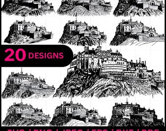 May include: A grid of 20 black and white illustrations of castles on hills. The text "20 DESIGNS" is in pink. Below are file format options: SVG, PNG, JPEG, EPS, DXF, and PDF. The words "Commercial Use" are also present.
