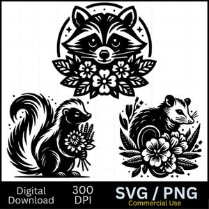 Gambá, gambá e guaxinim com flores, PNG, SVG, clipart de guaxinim, gráfico vetorial, gravador a laser, CNC, clipart