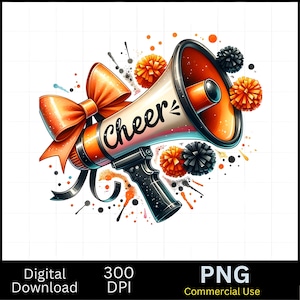 Cheer Orange Black Watercolor Sublimation Digital Download PNG Cheerleading Design with Pom Poms