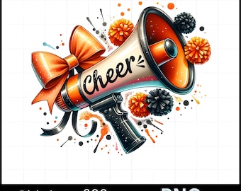 Cheer Orange Black Watercolor Sublimation Digital Download PNG Cheerleading Design with Pom Poms