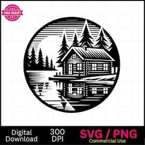 Cabin by Lake SVG PNG: Laser Cut Vector Graphic (Digital Download)