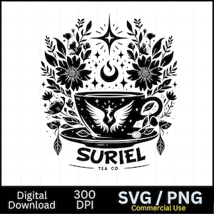 Suriel Tea Co Graphic | Cadeau voor boekenwurmen, Fantasy lezers cadeau, leesgrage hemelse Boho wilde bloemen theekopje ACOTAR geïnspireerd Svg Png