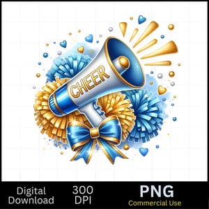 Cheer Pom Poms Blu e Oro Acquerello Sublimazione Digitale Download PNG Cheerleading Design,