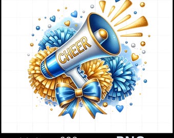 Cheer Pom Poms Blue and Gold Watercolor Sublimation Digital Download PNG Cheerleading Design,