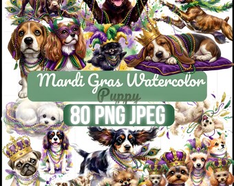 Clipart de cachorros de Mardi Gras: perros de festival de acuarela, PNG JPEG (descarga digital)